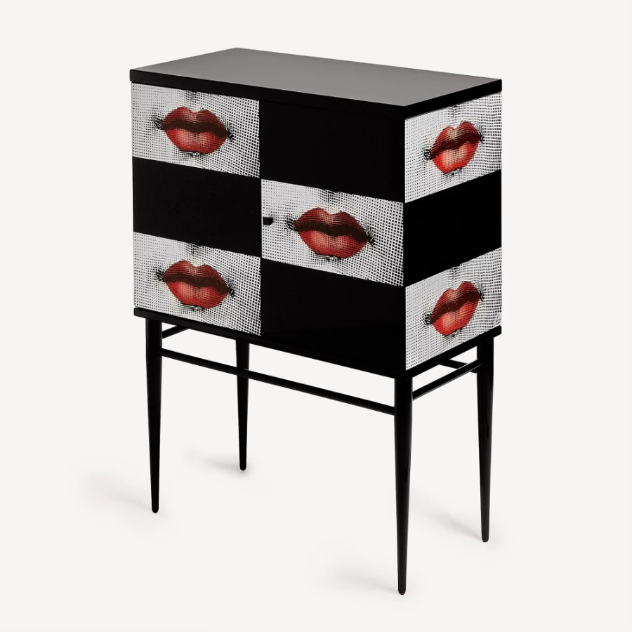 Fornasetti Raised Small Sideboard Kiss in White, Black & Red - Modern Designer Cabinet