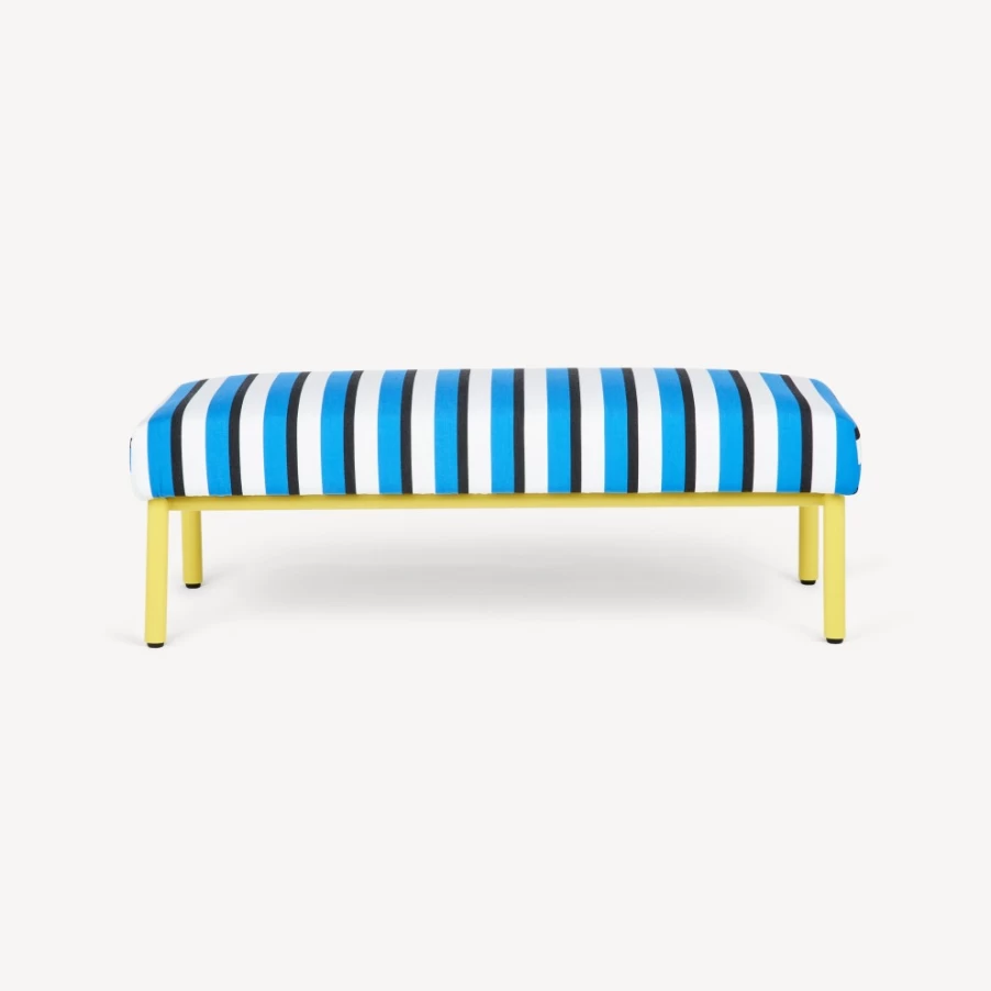 Fornasetti Outdoor Bench in Turquoise, White & Yellow - Rigato Pattern Garden Seating