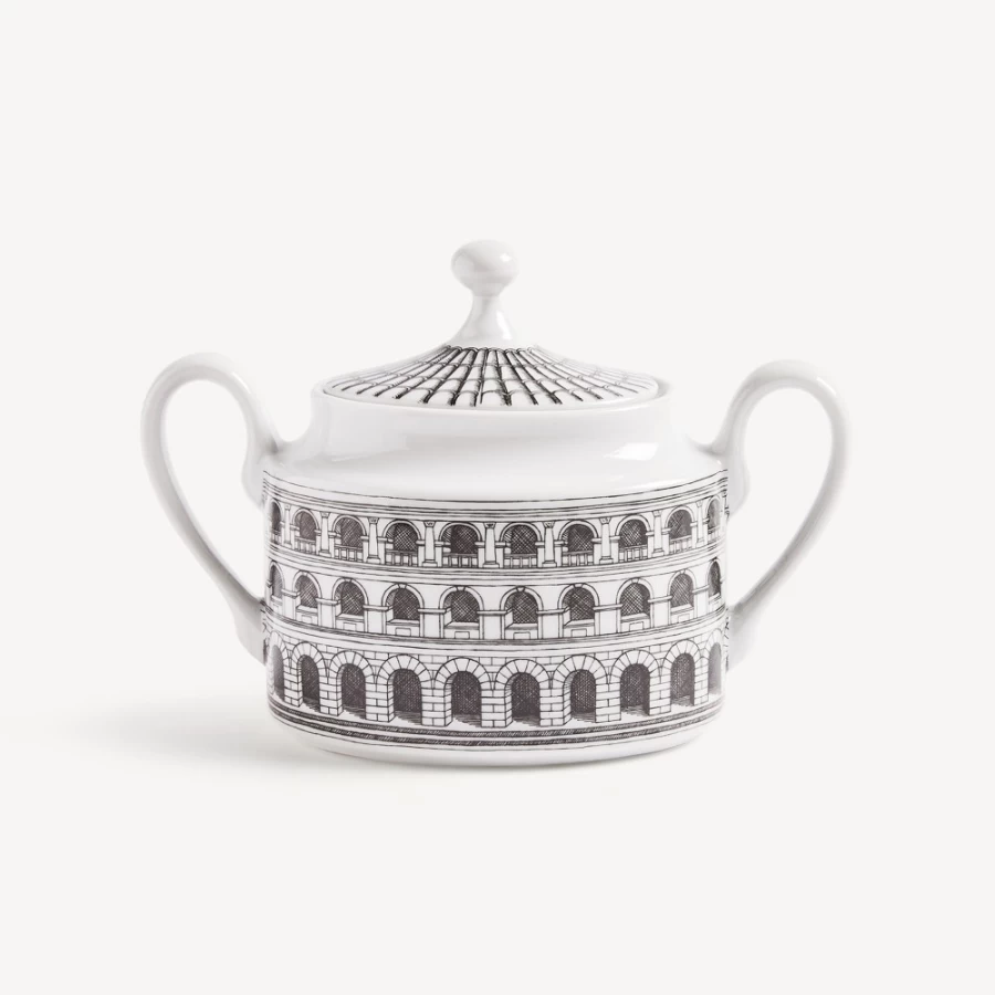 Fornasetti Architettura Sugar Bowl - White and Black Ceramic Collectible Design Piece