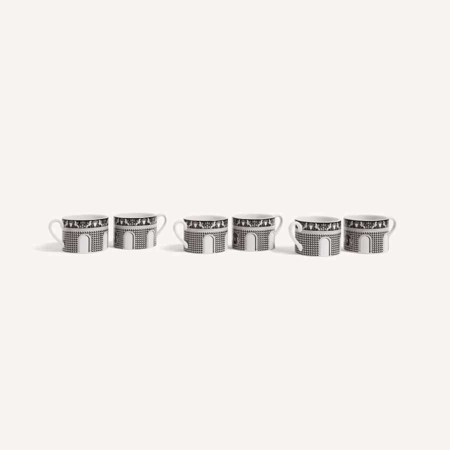Fornasetti Facciata Quattrocentesca Tea Cup Set of 6 in White and Black