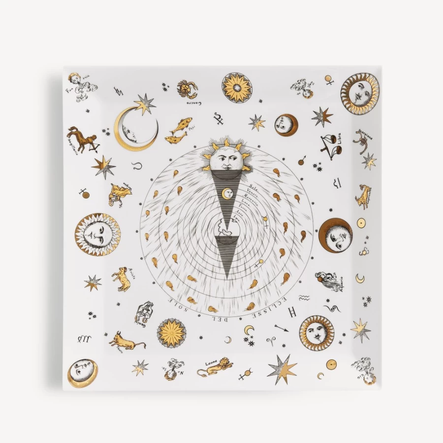Fornasetti Astronomici Decorative Tray in White, Black, and Gold - Elegant Collectible Home Decor