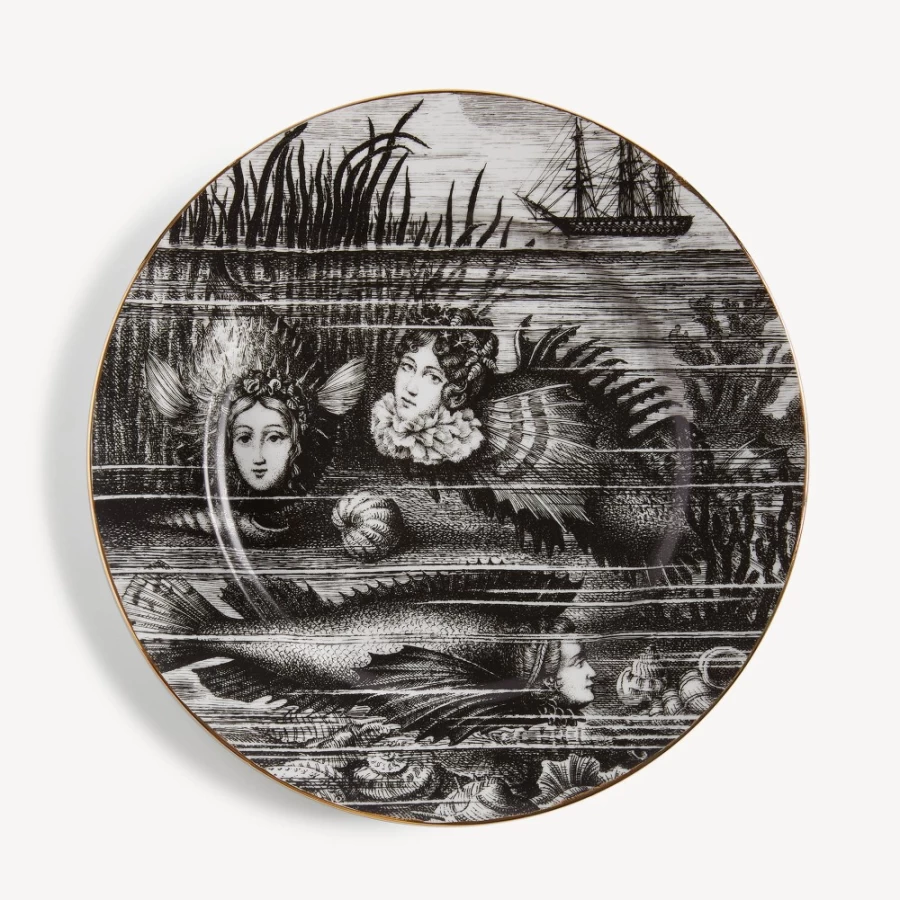 Fornasetti Sirene No.1 Rim Plate in White, Black, and Gold - Decorative Ceramic Collectible