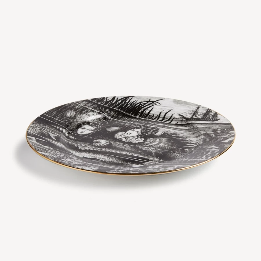 Fornasetti Sirene No.1 Rim Plate in White, Black, and Gold - Decorative Ceramic Collectible