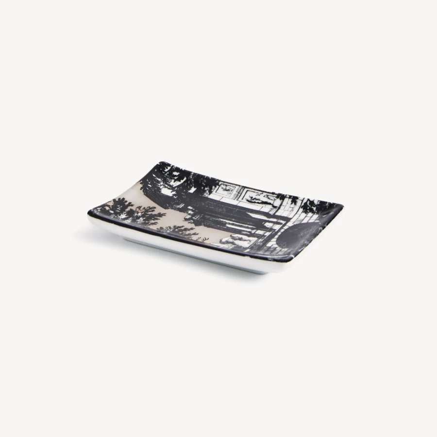 Fornasetti Giardino Settecentesco Rectangular Ashtray in White, Black & Platinum - Luxury Designer Tray