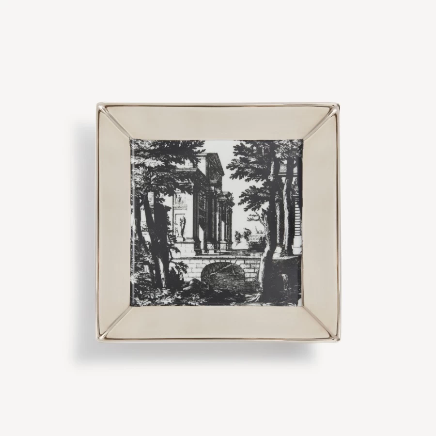 Fornasetti Giardino Settecentesco Square Plate in White, Black & Platinum - Decorative Ceramic Collectible