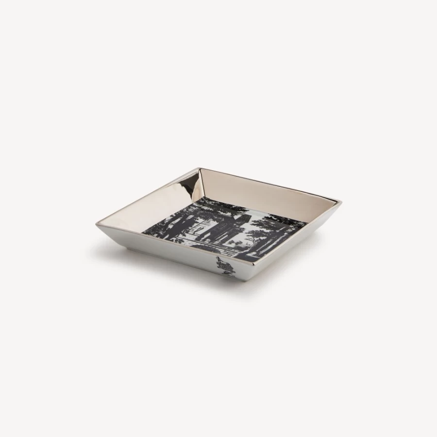 Fornasetti Giardino Settecentesco Square Plate in White, Black & Platinum - Decorative Ceramic Collectible