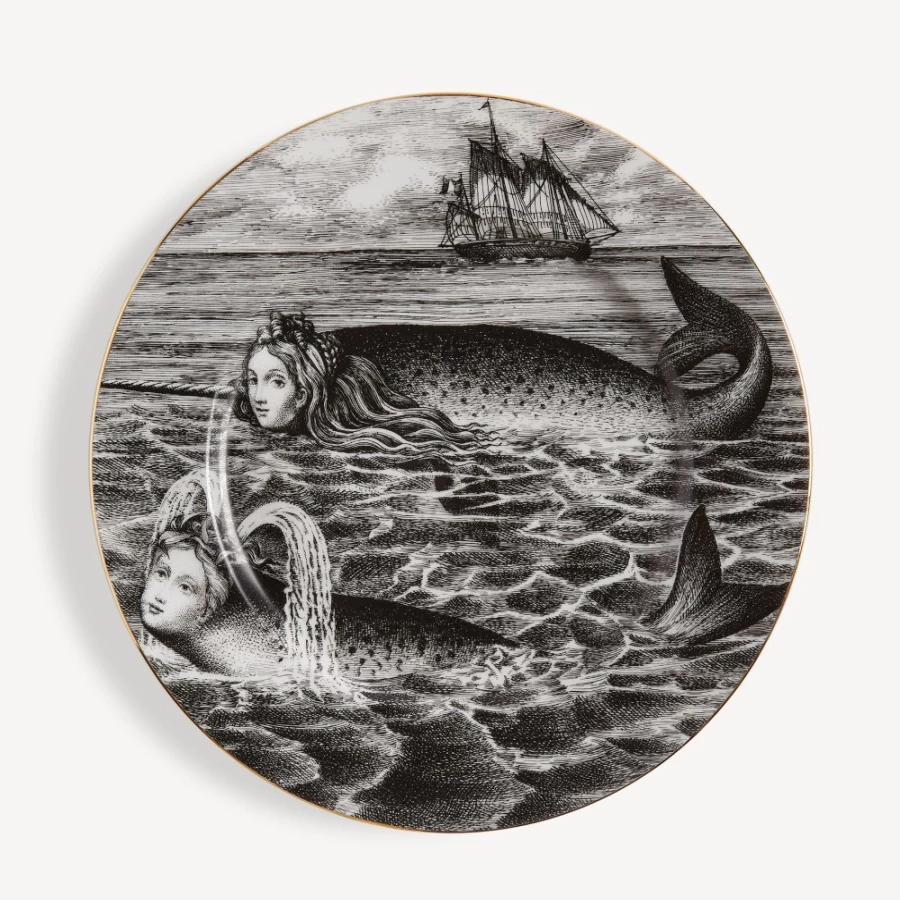 Fornasetti Sirene No.6 Rim Plate in White, Black, and Gold - Decorative Ceramic Collectible