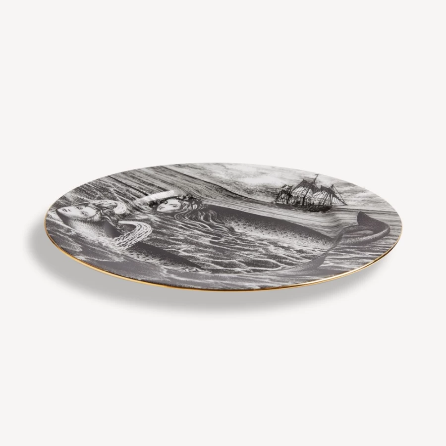 Fornasetti Sirene No.6 Rim Plate in White, Black, and Gold - Decorative Ceramic Collectible