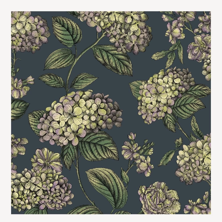 Fornasetti Wallpaper Ramo Di Ortensia Lime & Purple On Ink Design