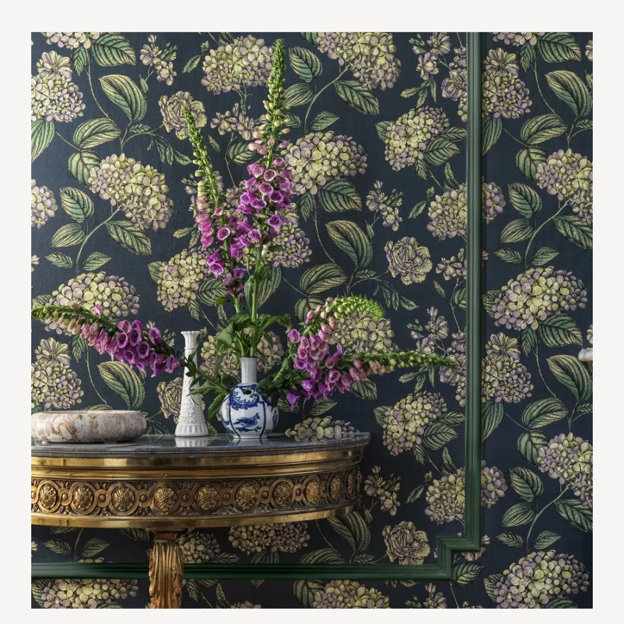 Fornasetti Wallpaper Ramo Di Ortensia Lime & Purple On Ink Design