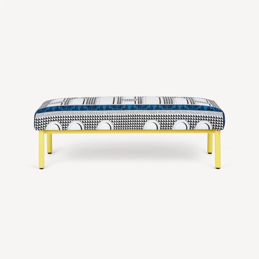 Fornasetti Facciata Quattrocentesca Outdoor Bench in White, Black, and Yellow - Modern Garden Furniture