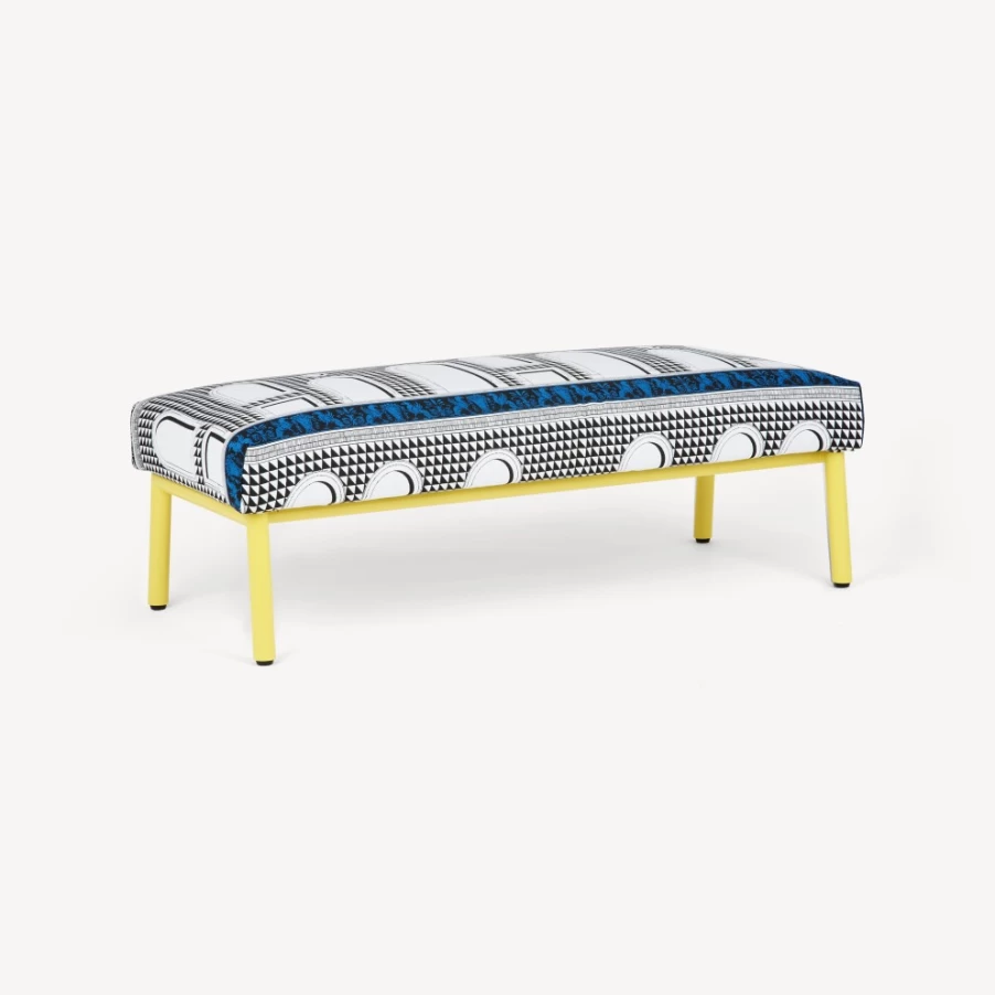 Fornasetti Facciata Quattrocentesca Outdoor Bench in White, Black, and Yellow - Modern Garden Furniture