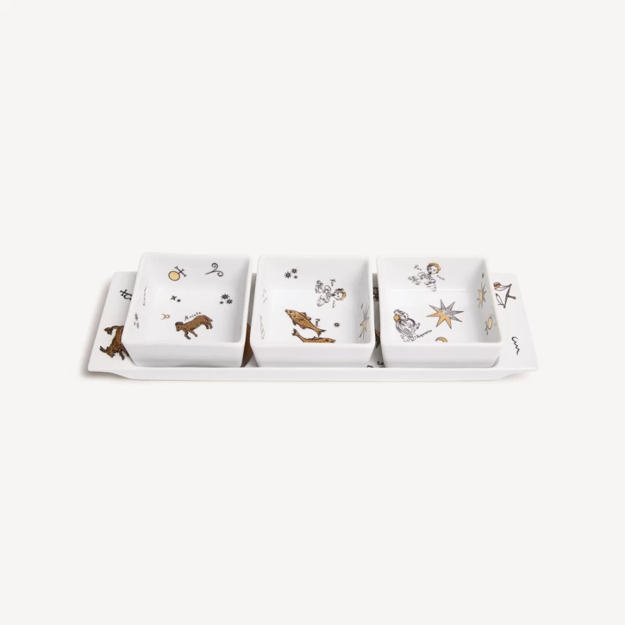 Fornasetti Astronomici Appetizer Set in White, Black & Gold - Elegant Ceramic Serving Plates