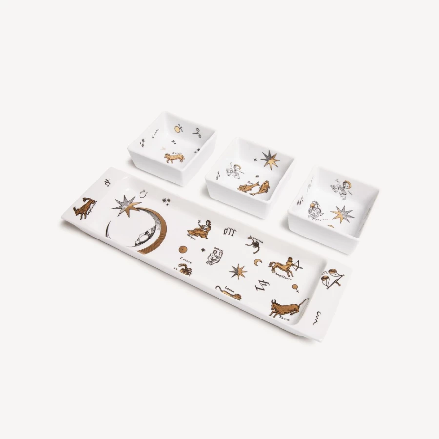 Fornasetti Astronomici Appetizer Set in White, Black & Gold - Elegant Ceramic Serving Plates