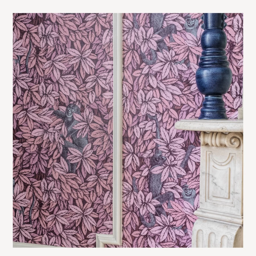 Fornasetti Blush with Blue Monkey Wallpaper - Premium Designer Leaf and Monkey Pattern