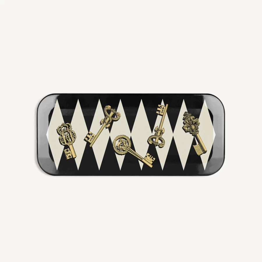 Fornasetti Tray Chiavi Gold And Rombi Decorative Tray in White, Black, and Gold