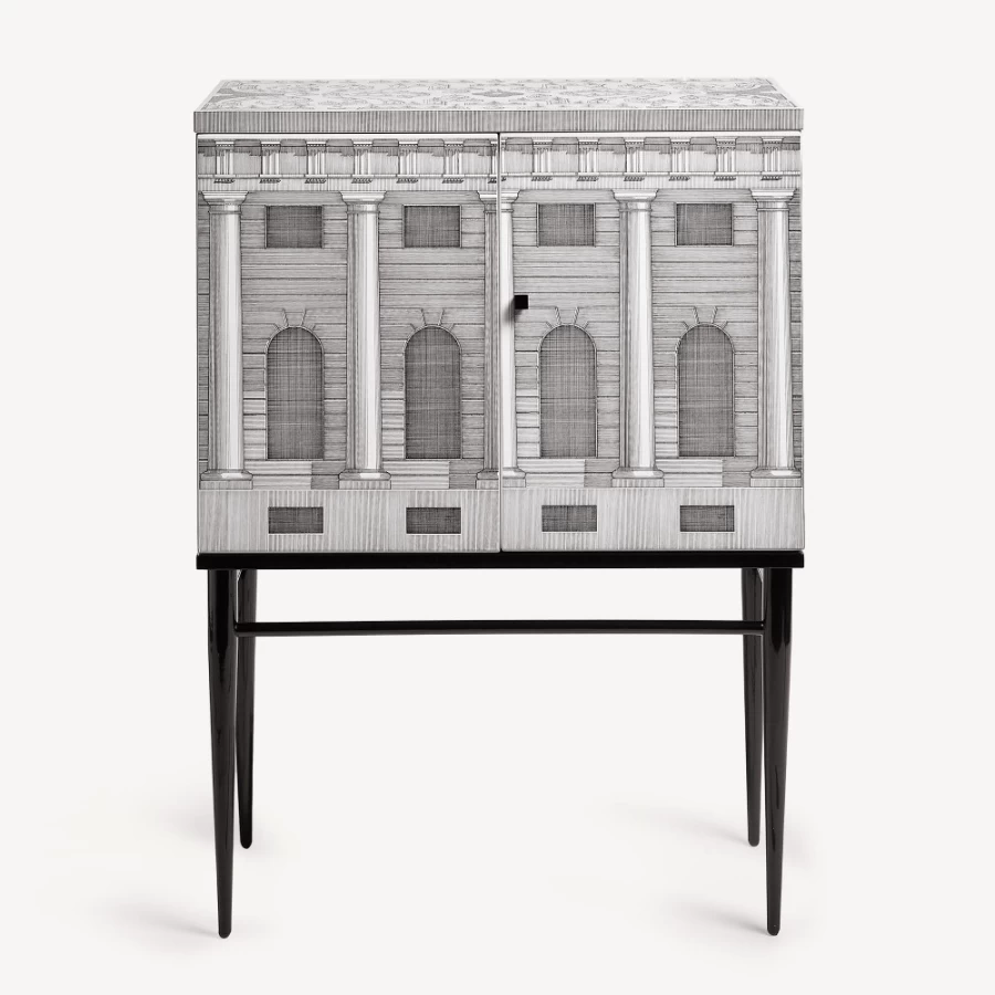 Fornasetti White and Black Raised Small Sideboard Architettura Modern Cabinet