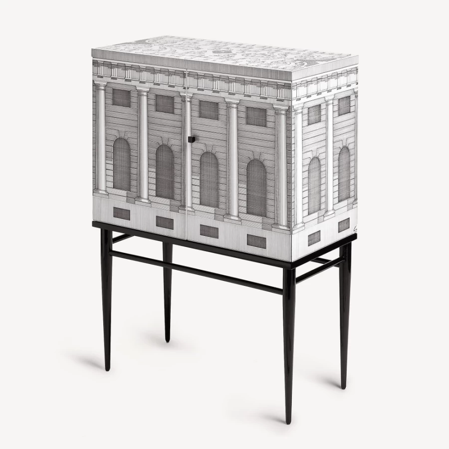 Fornasetti White and Black Raised Small Sideboard Architettura Modern Cabinet