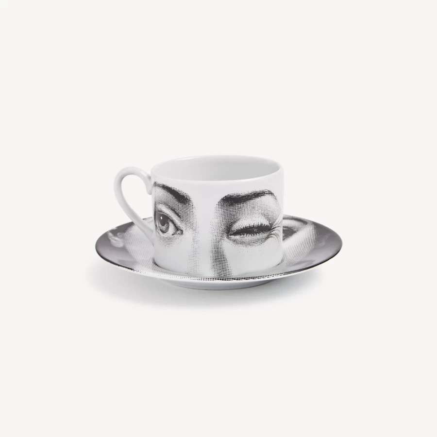 Fornasetti White and Black Tea Cup "Tema E Variazioni L'Antipatico" Porcelain Collectible