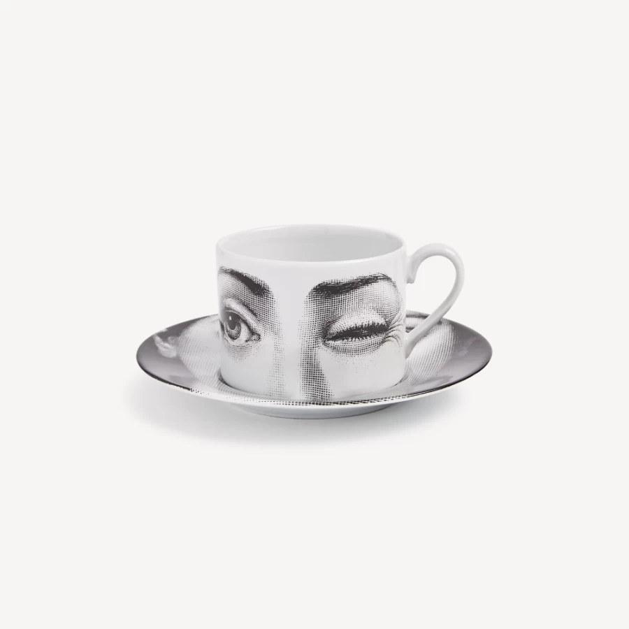 Fornasetti White and Black Tea Cup "Tema E Variazioni L'Antipatico" Porcelain Collectible