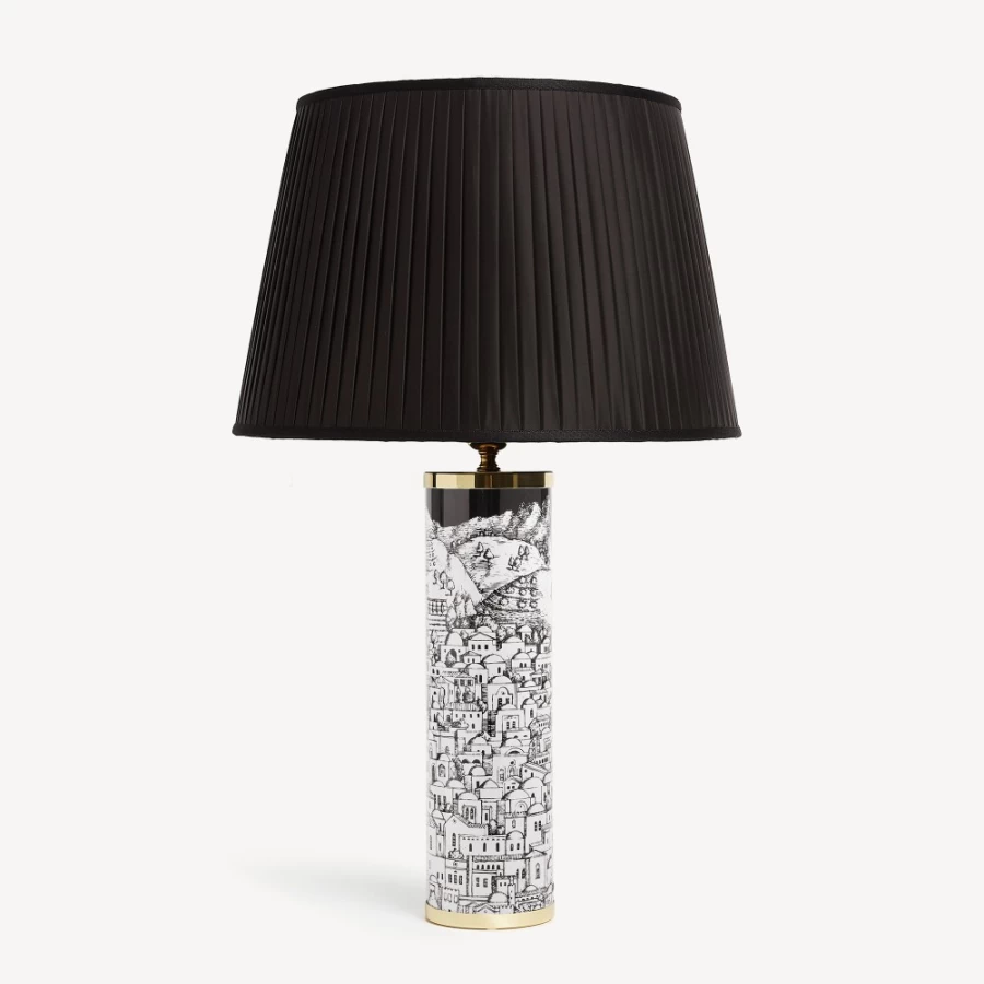 Fornasetti White and Black Cylindrical Lamp Base Gerusalemme - Decorative Ceramic Table Lamp