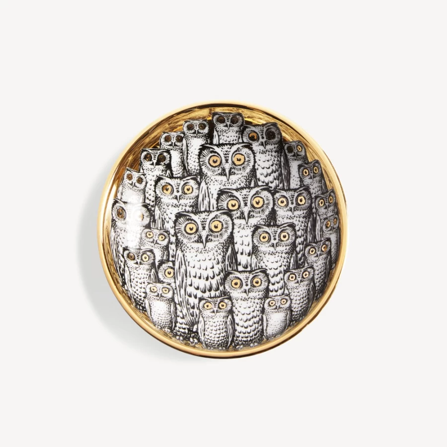 Fornasetti White Black Gold Congresso Di Civette Porcelain Ashtray