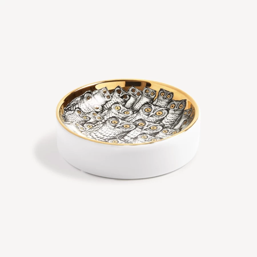 Fornasetti White Black Gold Congresso Di Civette Porcelain Ashtray