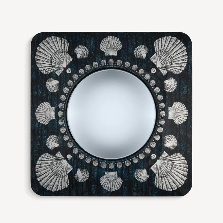 Fornasetti Silver and Blue Convex Mirror Frame - Giro Di Conchiglie Design