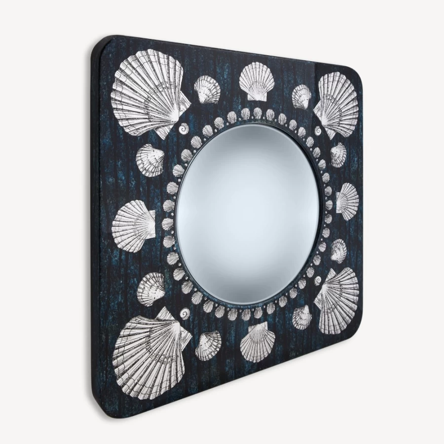 Fornasetti Silver and Blue Convex Mirror Frame - Giro Di Conchiglie Design