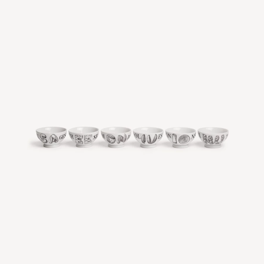 Fornasetti White and Black Set of 6 Appetizer Bowls for Cocktails