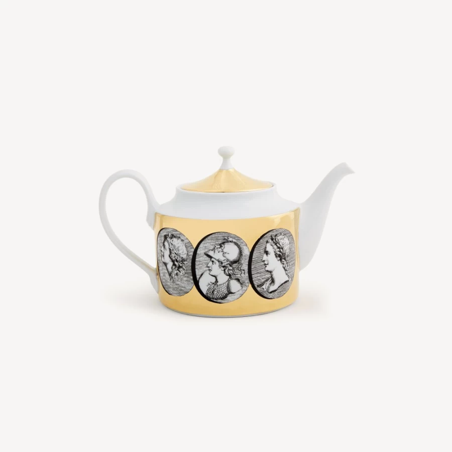 Fornasetti Cammei Teapot in White, Black & Gold - Hand-Painted Ceramic Collectible