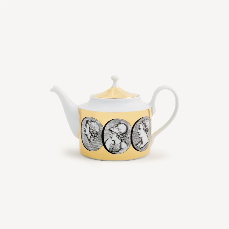 Fornasetti Cammei Teapot in White, Black & Gold - Hand-Painted Ceramic Collectible