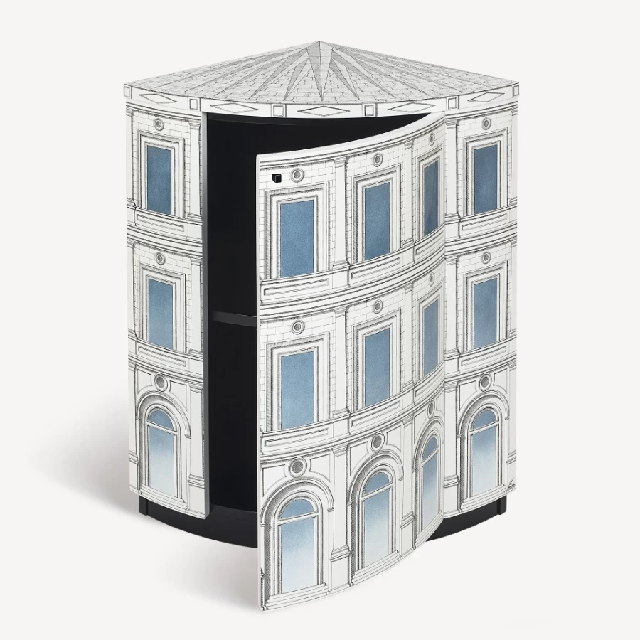 Fornasetti Architettura Celeste Corner Cabinet in White, Black & Light Blue - Hand-Painted Design