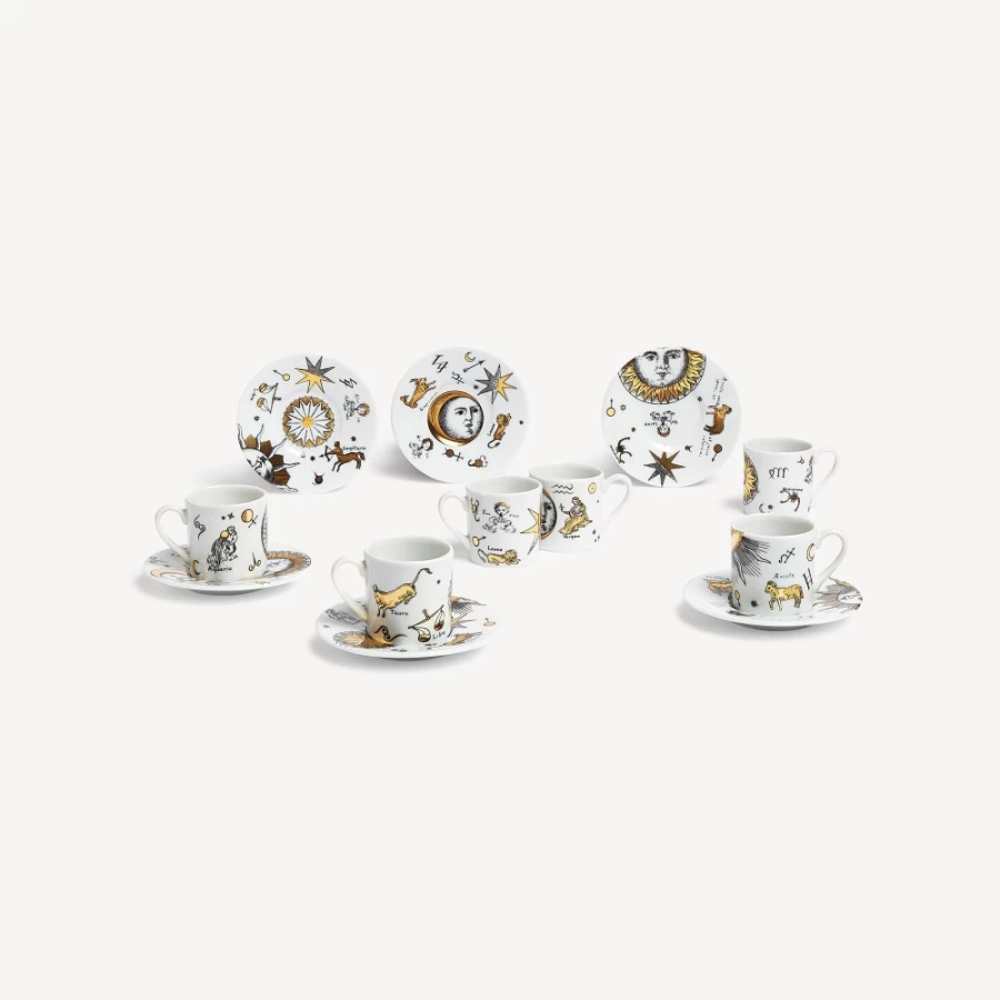 Fornasetti Astronomici Set of 6 Coffee Cups in White, Black, and Gold
