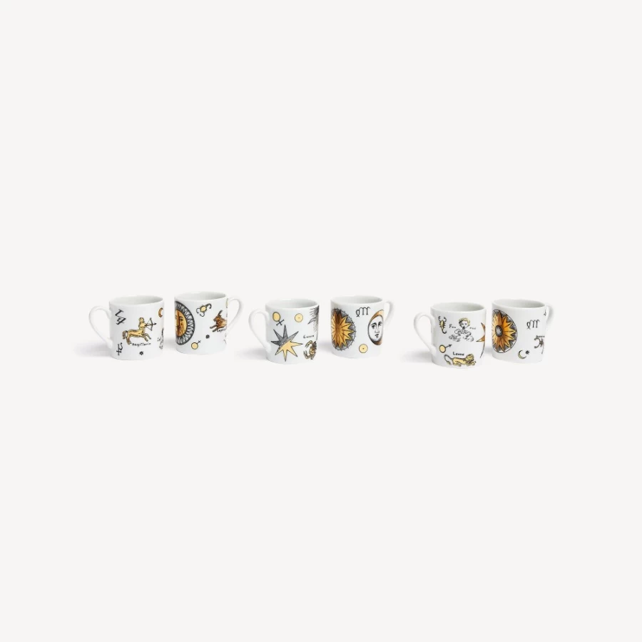 Fornasetti Astronomici Set of 6 Coffee Cups in White, Black, and Gold