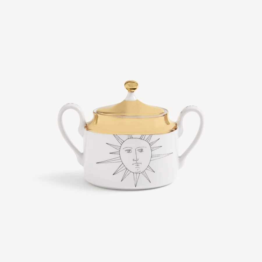 Fornasetti White Black Gold Sugar Bowl Solitario Porcelain Decorative Collectible