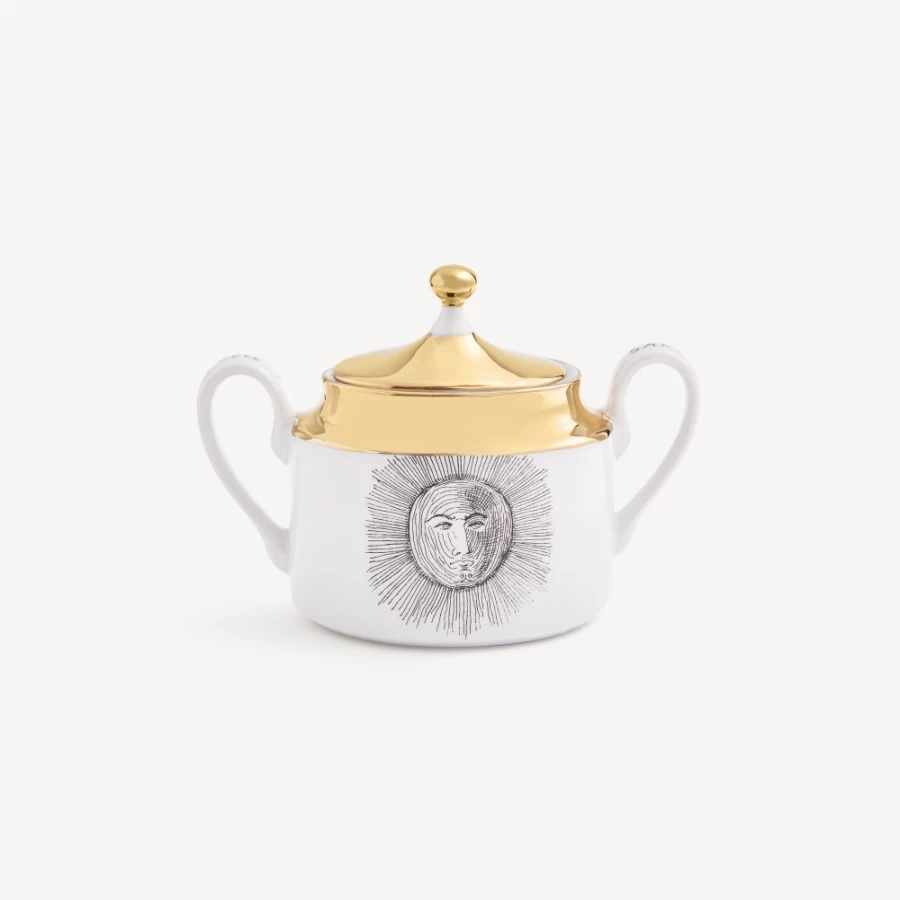 Fornasetti White Black Gold Sugar Bowl Solitario Porcelain Decorative Collectible