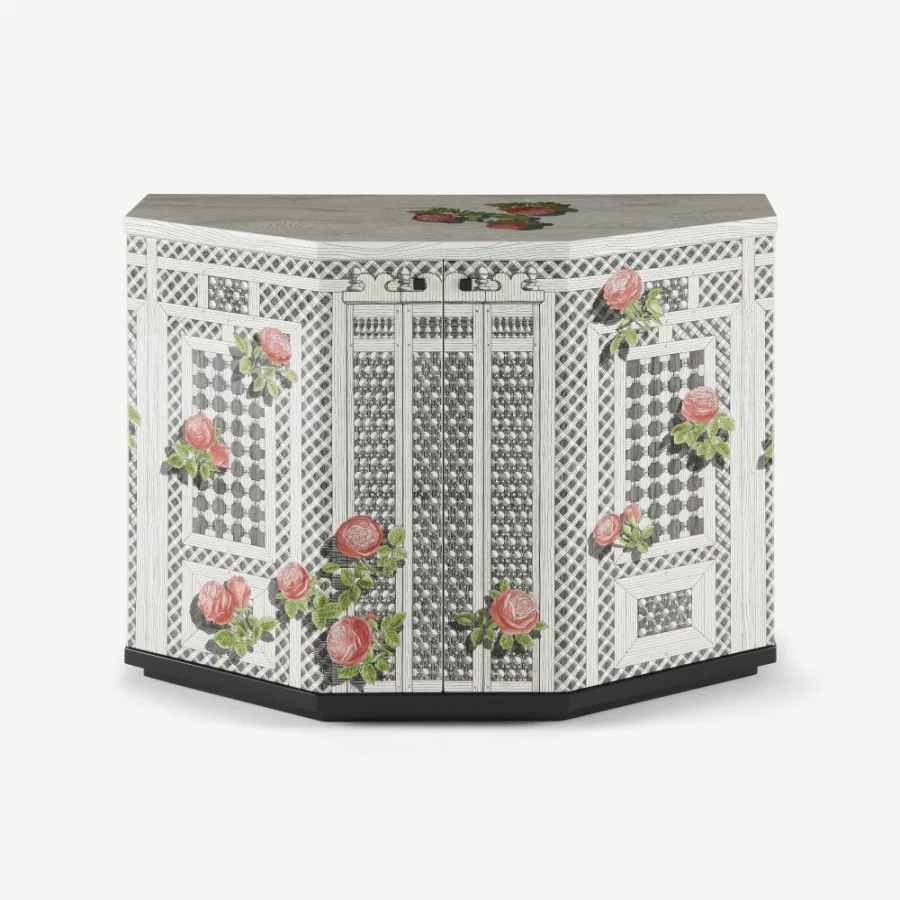 Fornasetti Multicolour Polyhedric Small Cabinet with Rose Design Musciarabia