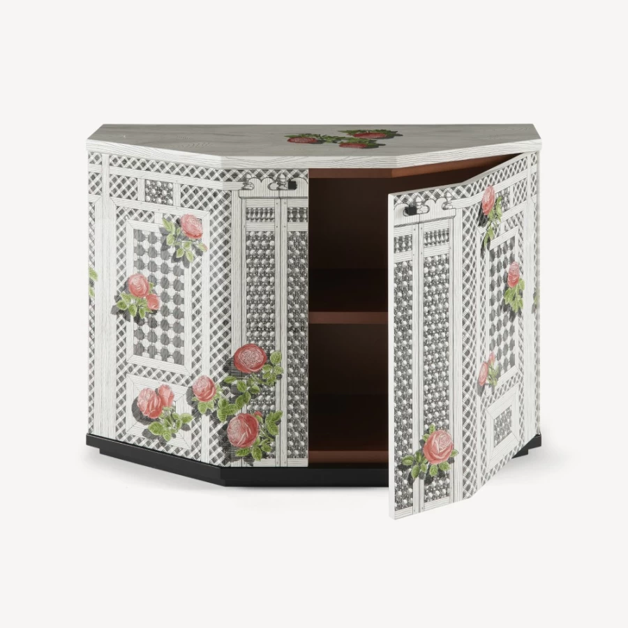 Fornasetti Multicolour Polyhedric Small Cabinet with Rose Design Musciarabia