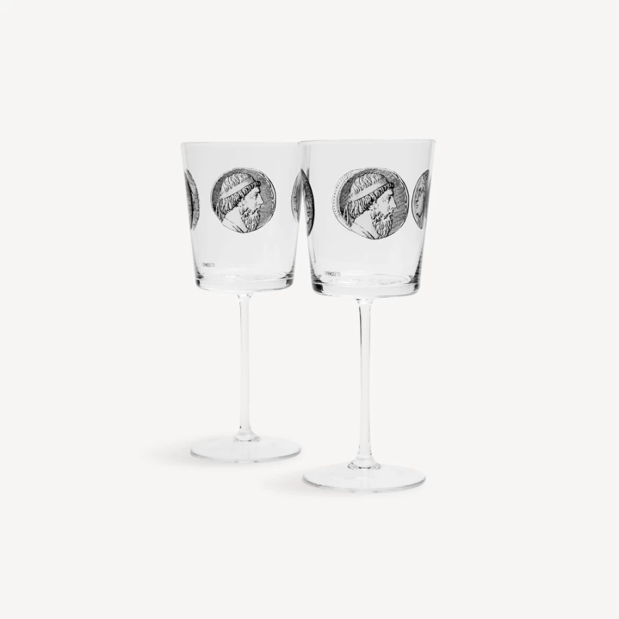 Fornasetti White and Black Cammei Wine Glasses Set - Elegant 2-Piece Collection