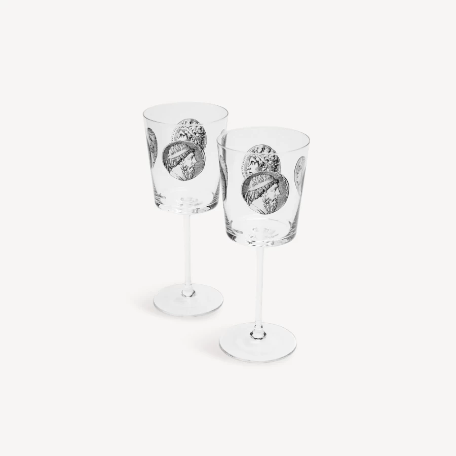 Fornasetti White and Black Cammei Wine Glasses Set - Elegant 2-Piece Collection