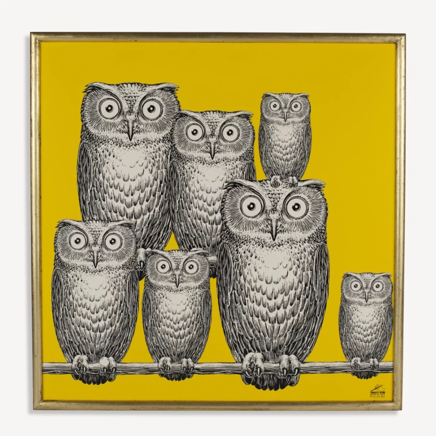 Fornasetti Yellow and Black Owl Design Panel Riunione Di Civette Decorative Art Piece