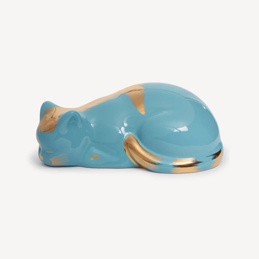 Fornasetti Cat Striato Decorative Object in Gold and Turquoise