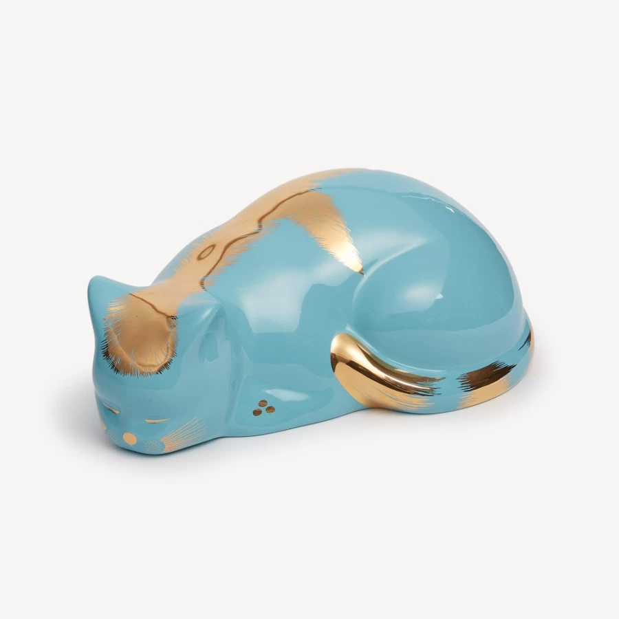 Fornasetti Cat Striato Decorative Object in Gold and Turquoise