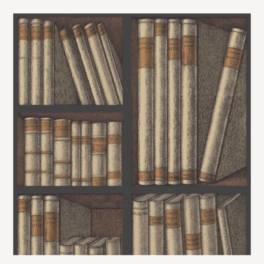 Fornasetti Ex Libris Wallpaper in Oat and Charcoal - Classic Designer Pattern for Elegant Interiors