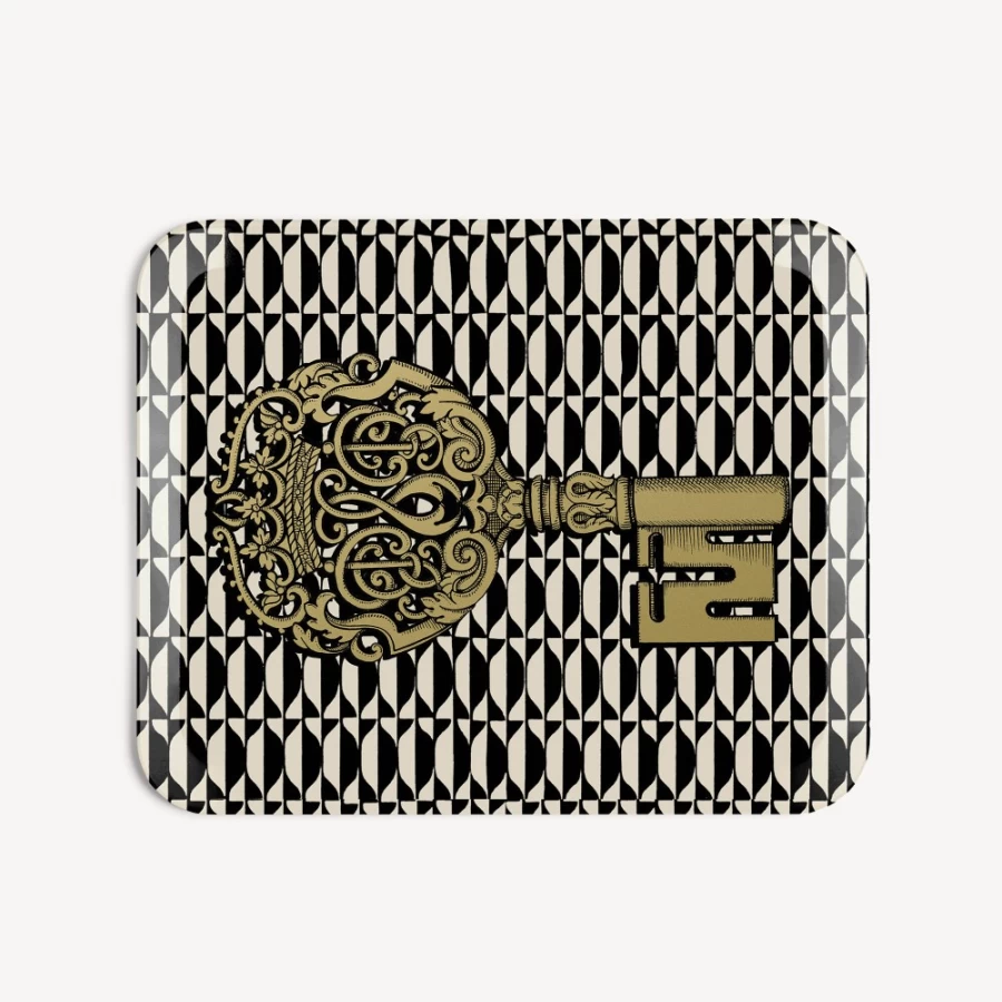 Fornasetti Tray Chiavi And Losanghe - White, Black & Gold Decorative Ceramic Tray
