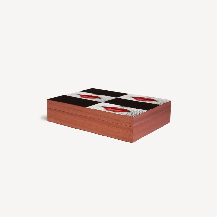 Fornasetti Wooden Box Kiss Decorative Trinket Chest in White, Black & Red