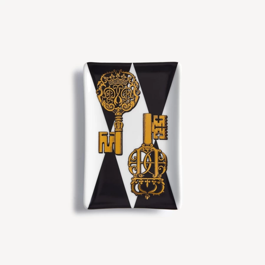 Fornasetti Rectangular Ashtray in White, Black & Gold - Chiavi and Rombi Design