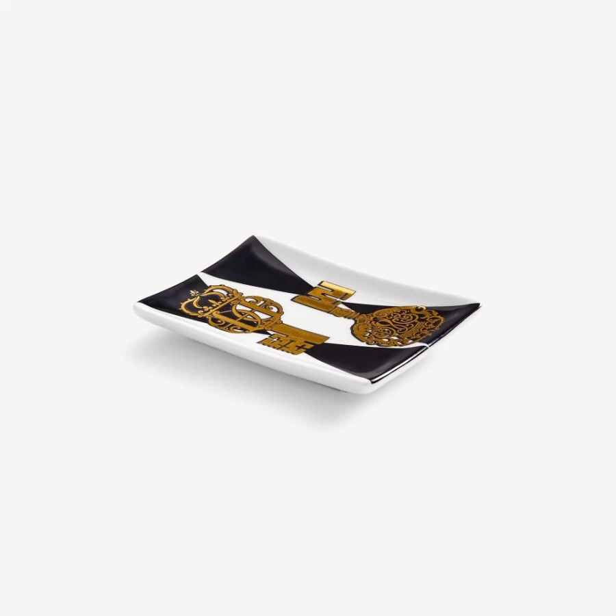 Fornasetti Rectangular Ashtray in White, Black & Gold - Chiavi and Rombi Design