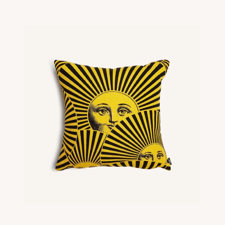 Fornasetti Yellow and Black Outdoor Cushion Soli A Ventaglio - Luxury Designer Pillow for Patio and Garden